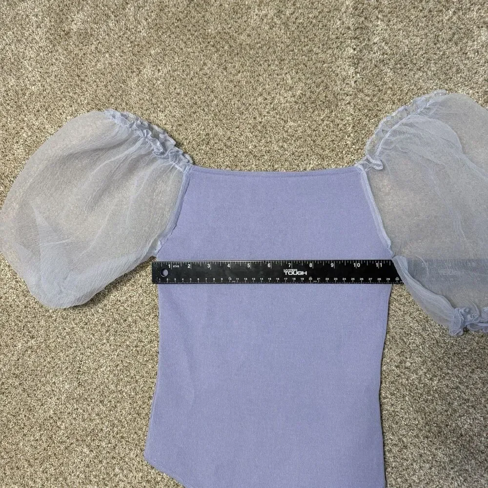 ASTR the Label Darling Sheer Puff Sleeve Ribbed Bodysuit Periwinkle Medium